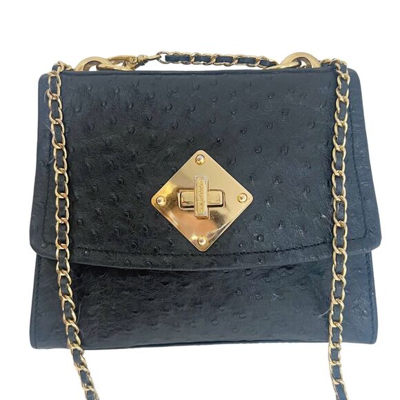 Vintage Tocco Toscano Black Ostrich Leather Structured Crossbody Bag Gold Chain - Picture 1 of 11